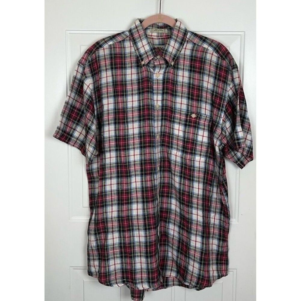 ORVIS Plaid Linen 100% Short Sleeve Shirt‎ size Large Plaid
